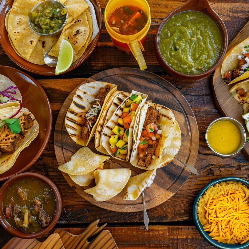 Overhead view of Maestros’s Mexican grill tacos, salsas, tortillas, and sides on a wooden table.